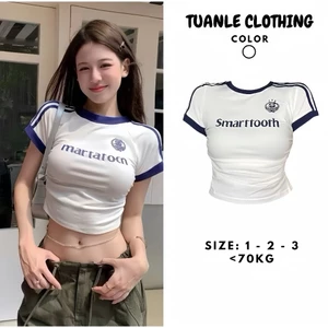 Áo Thun Nữ Cổ Tròn Ngắn Tay Ôm Body Phong Cách Y2K Thể Thao Croptop Dáng Ngắn In Hình SmartTooth