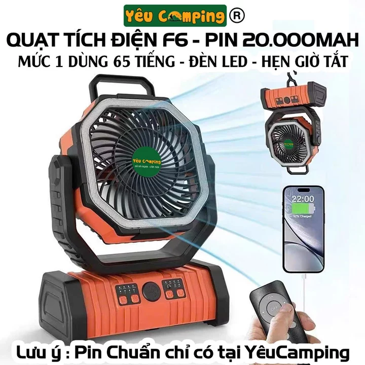 Quạt tích điện F6 pin 20.000mAh test thực tế 65 tiếng liên tục nhỏ gọn dùng camping cắm trại, dã ngoại