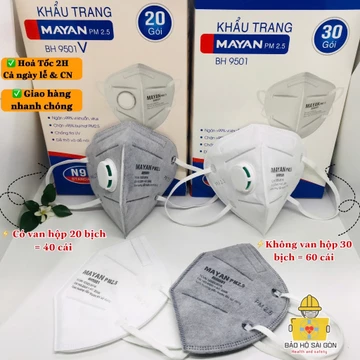 Hộp 60 cái Khẩu trang Mayan PM2.5 BH9501đệm mũi lọc kháng khuẩn than hoạt tính, Khẩu trang N95 BH9501V có van hộp 40 cái
