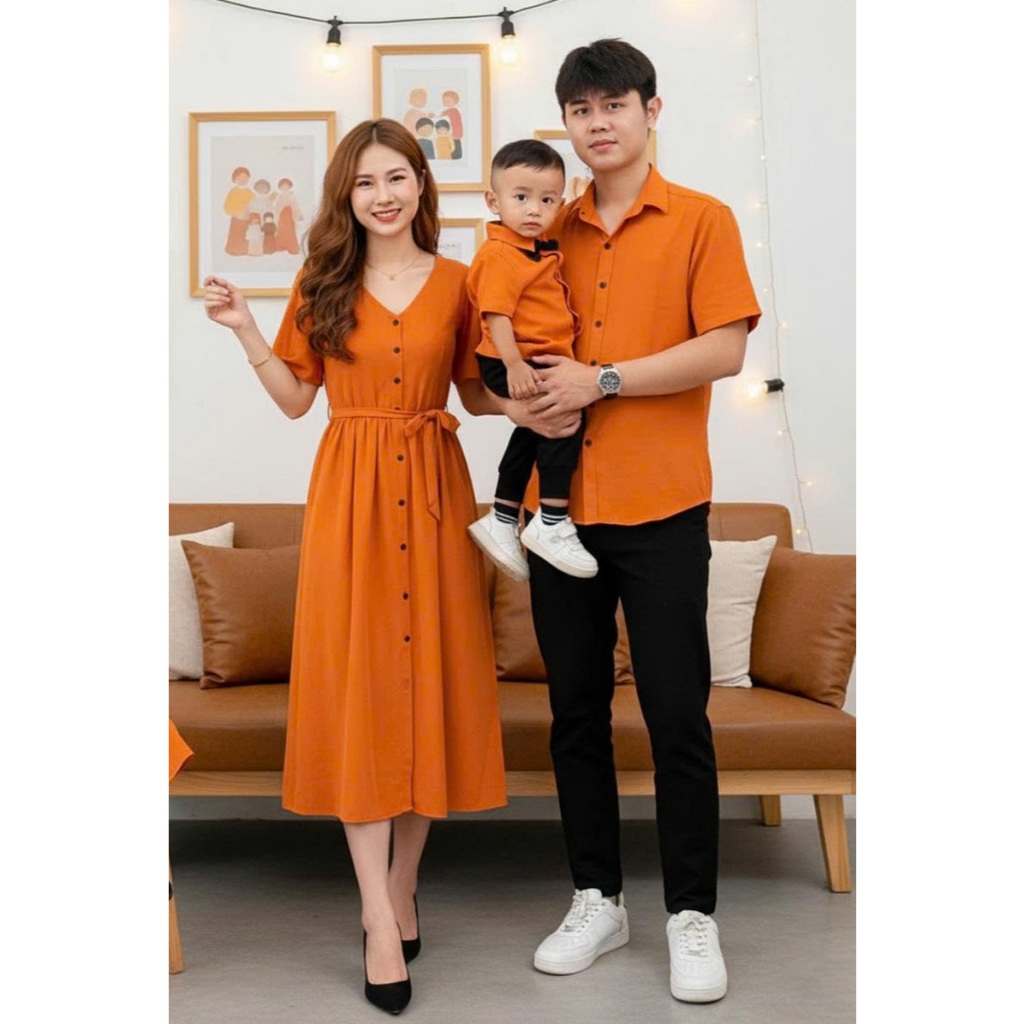 Combo Gia Đình Fig Tree Sơ Mi Nam Váy Nữ Màu Cam Đũi Tươi Sáng Đi Tiệc - Du Lịch - Chụp Hình