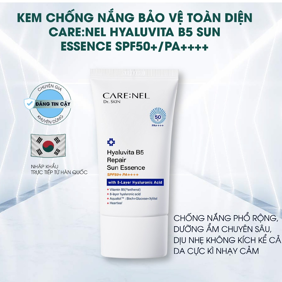 Kem chống nắng dưỡng ẩm phục hồi B5 cho da nhạy cảm CARE:NEL HYALUVITA B5 SUN ESSENCE SPF50+/PA++++