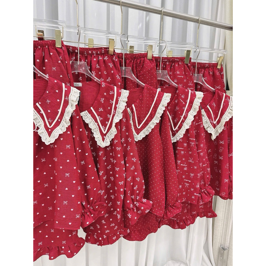 Bộ Đũi Vân Mây Cổ Nhọn Đỏ Full [40-62kg]