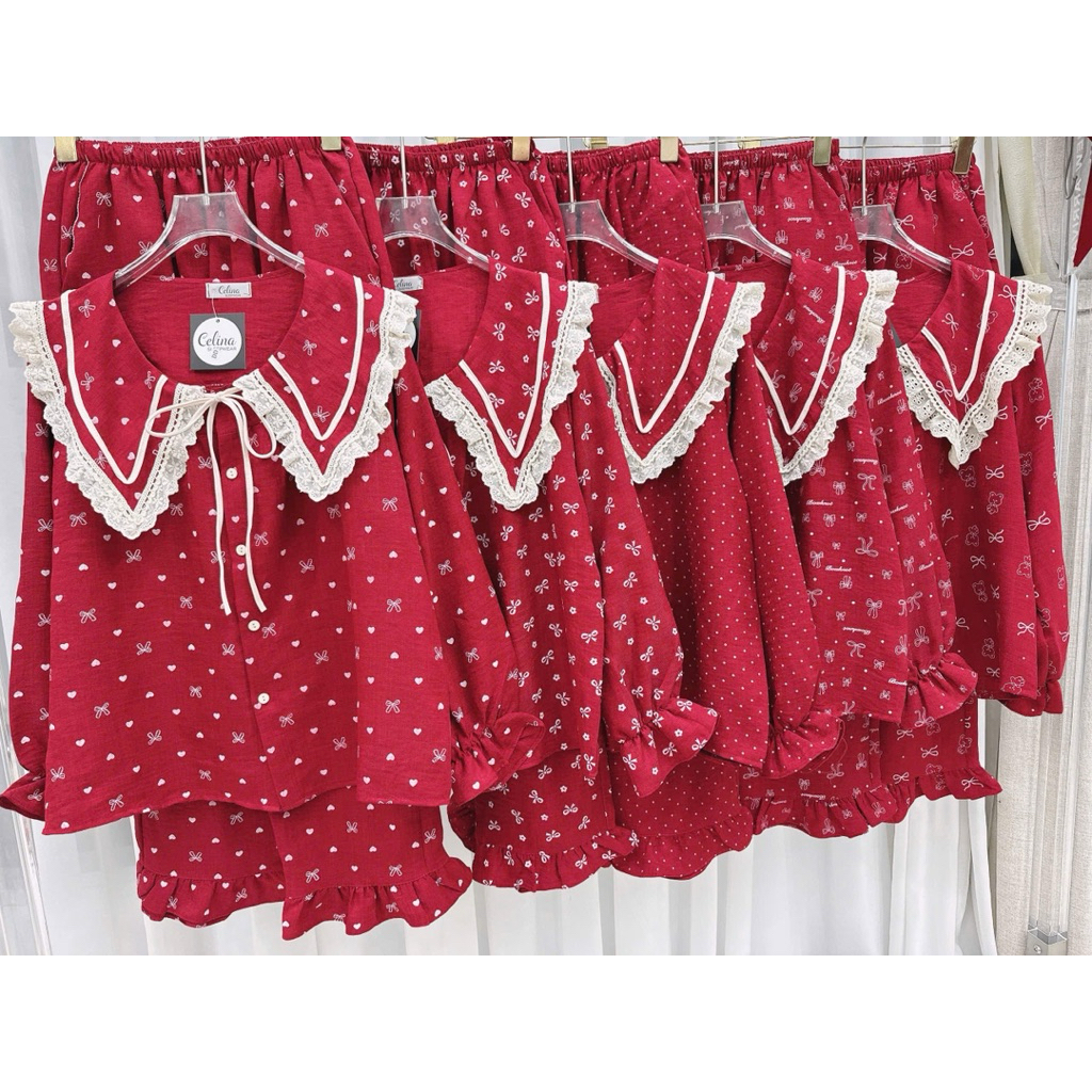 Bộ Đũi Vân Mây Cổ Nhọn Đỏ Full [40-62kg]