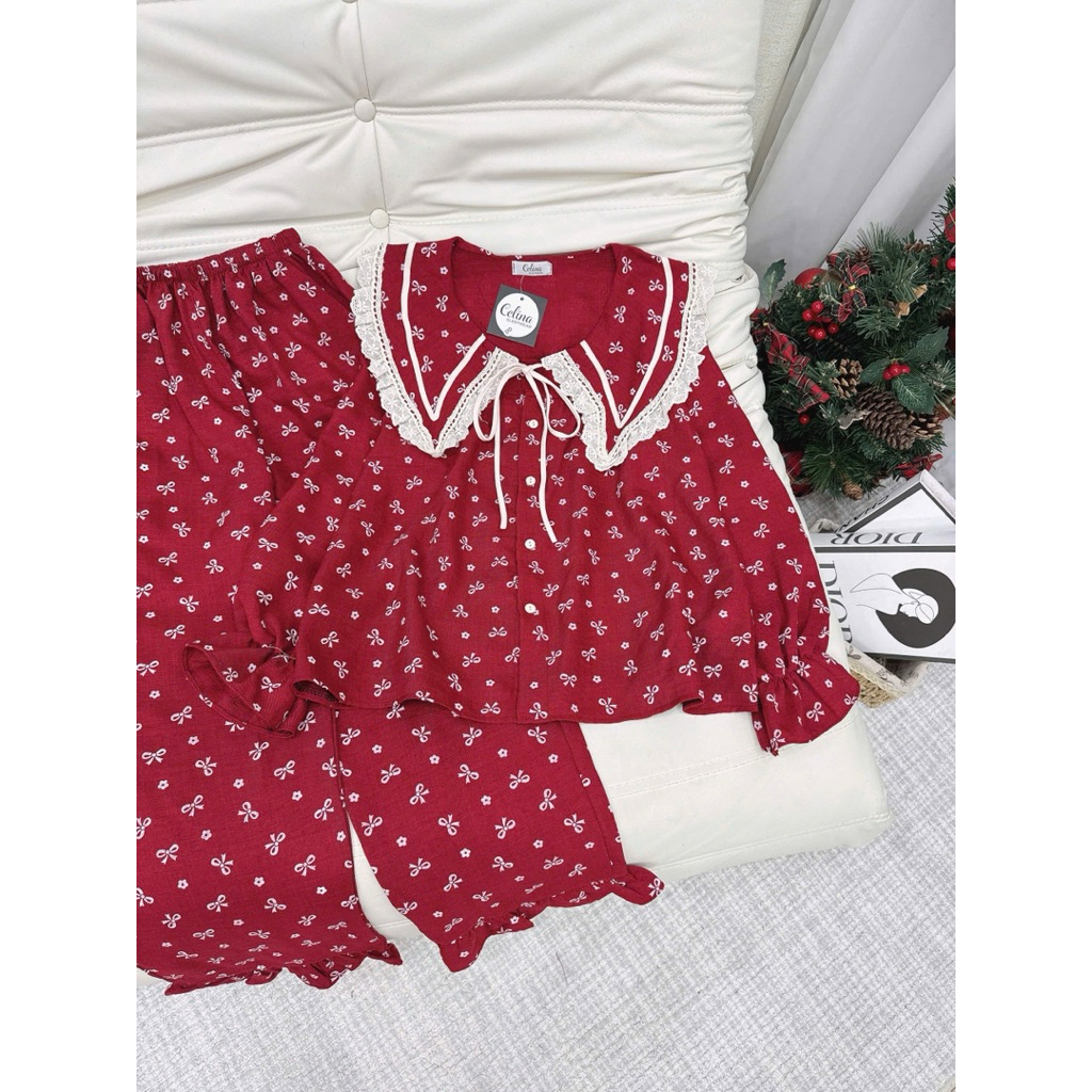 Bộ Đũi Vân Mây Cổ Nhọn Đỏ Full [40-62kg]