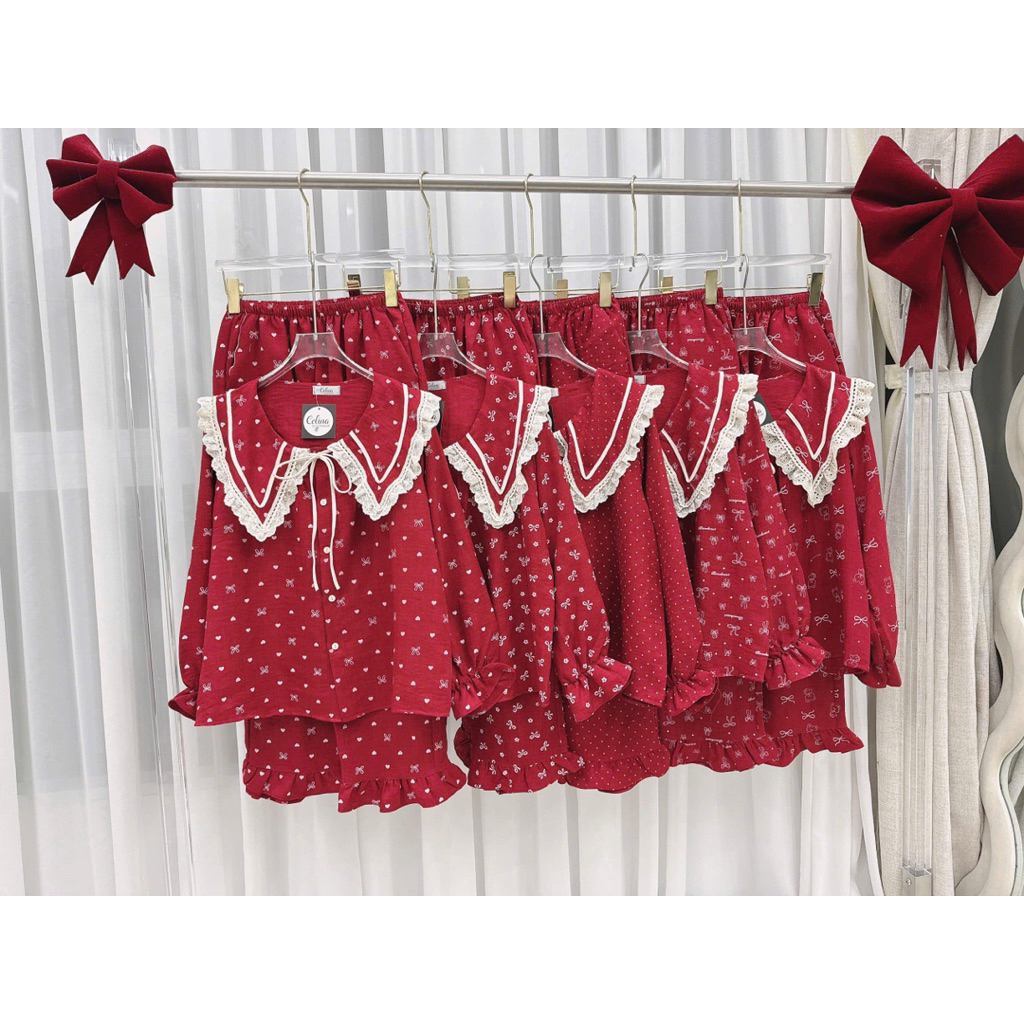 Bộ Đũi Vân Mây Cổ Nhọn Đỏ Full [40-62kg]