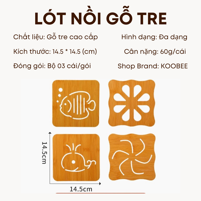 Combo 3 Đế Lót Nồi Gỗ Cách Nhiệt KOOBEE – Chống Trượt, Chống Nóng, Vân Gỗ Đẹp – 14.5cm (DC02)