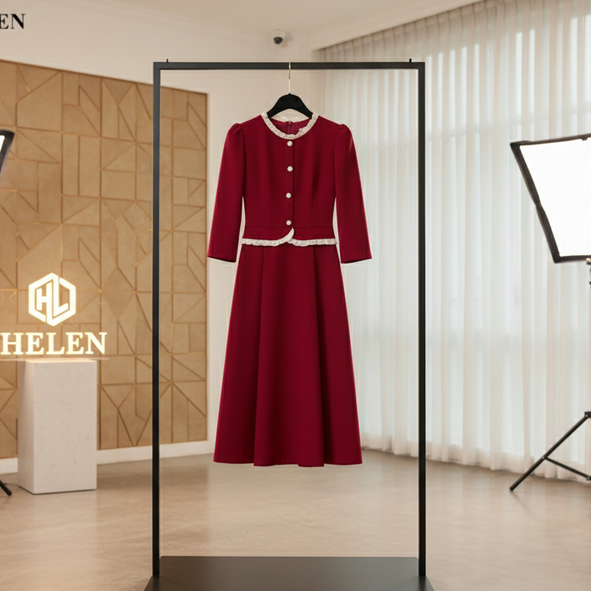 Đầm công sở HELEN thiết kế dáng xòe màu đỏ peplum cổ nhún trắng đính cúc ngực DL140
