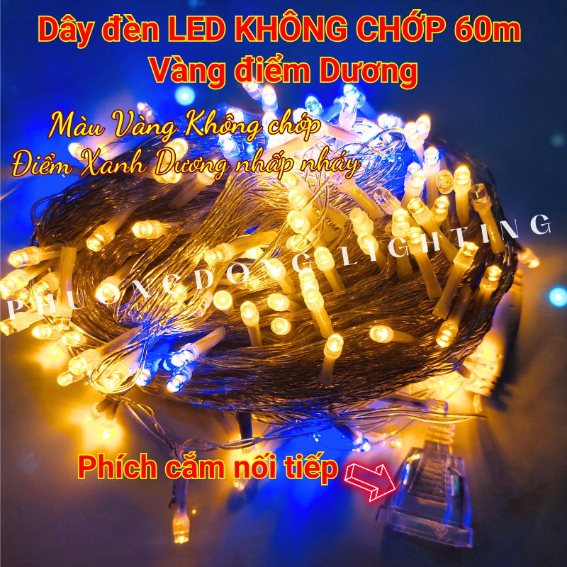 Dây đèn LED KHÔNG CHỚP Trang trí Noel Lễ Tết màu Vàng điểm Dương Dài 60m Có phích cắm nối tiếp