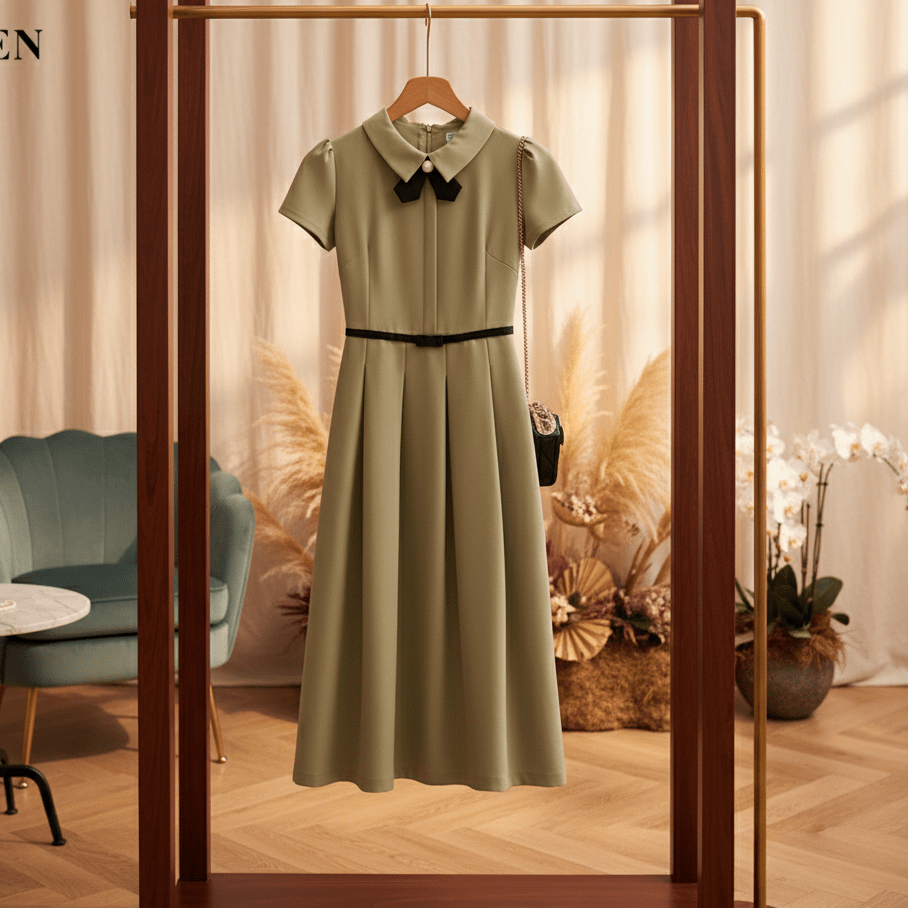 Đầm công sở HELEN thiết kế dáng xòe xanh oliu phối nơ đen DL318