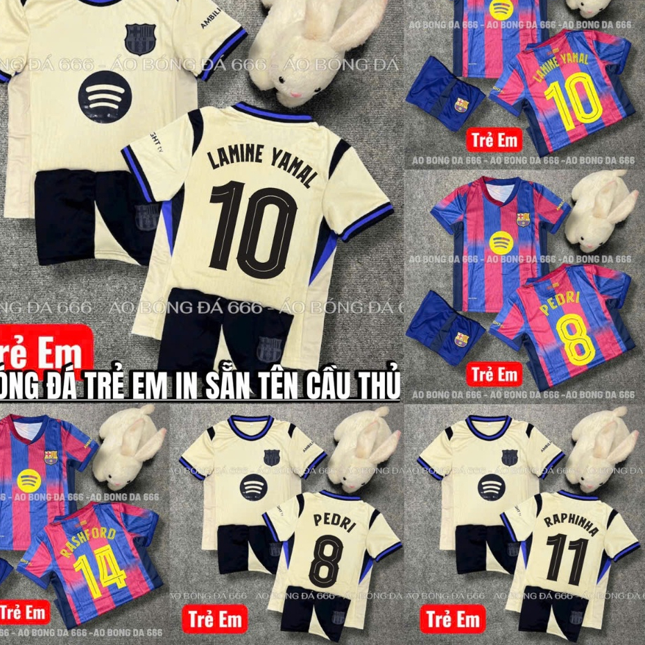 (FREE SHIP)Bộ Quần Áo Bóng Đá Trẻ Em CLB Barca Sân Khách 25/26, Áo Đá Banh Barcelona - Vải Mè Kim Cao Cấp