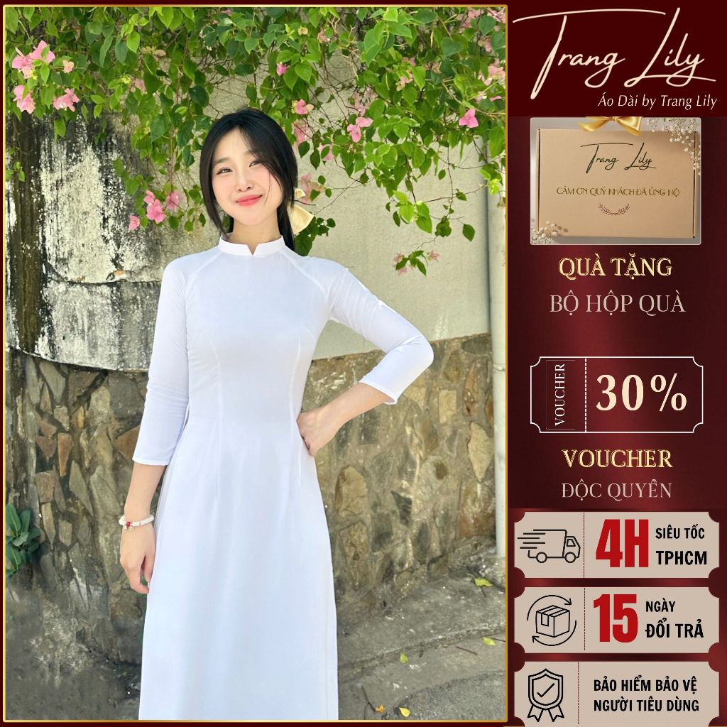 Áo dài trắng đồng phục học sinh cấp 3, chụp kỉ yếu, cổ V 2cm, tay lỡ, lụa mỹ - Trang Lily Áo Dài