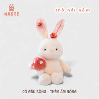 Gấu Thú Bông Thỏ Trắng Ôm Hái Nấm Đỏ Lông Dài Siêu Mềm Mịn Quà Tặng Độc Đáo Dễ Thương