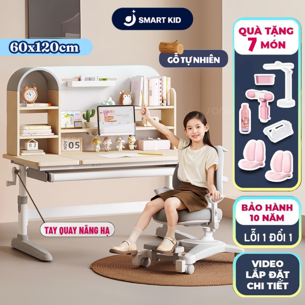 Bàn học chống gù gỗ tự nhiên cao cấp A120 size lớn 120cm nâng hạ độ cao tay quay, điều chỉnh nghiêng dễ dàng