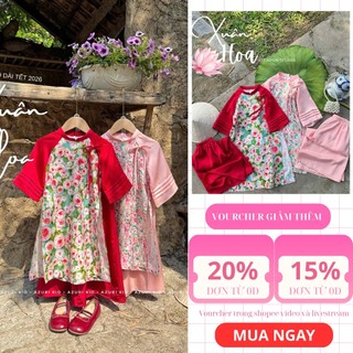 Set áo dài và quần Xuân hoa AZB604 cho bé gái diện Tết, Lễ -ZUN Kids
