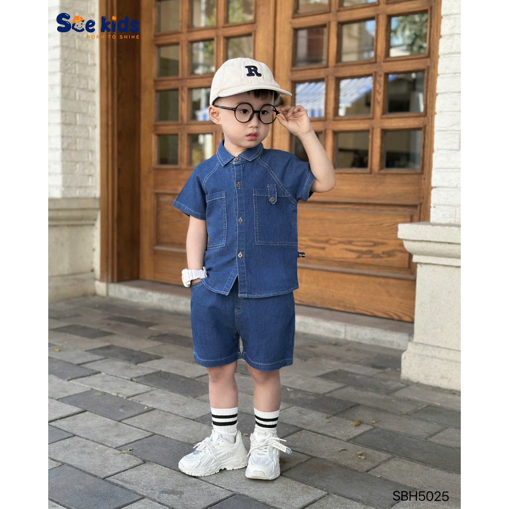 Set sơ mi jean mềm SCE thiết kế sơ mi phối túi kèm quần short cho bé trai 9-28kg
