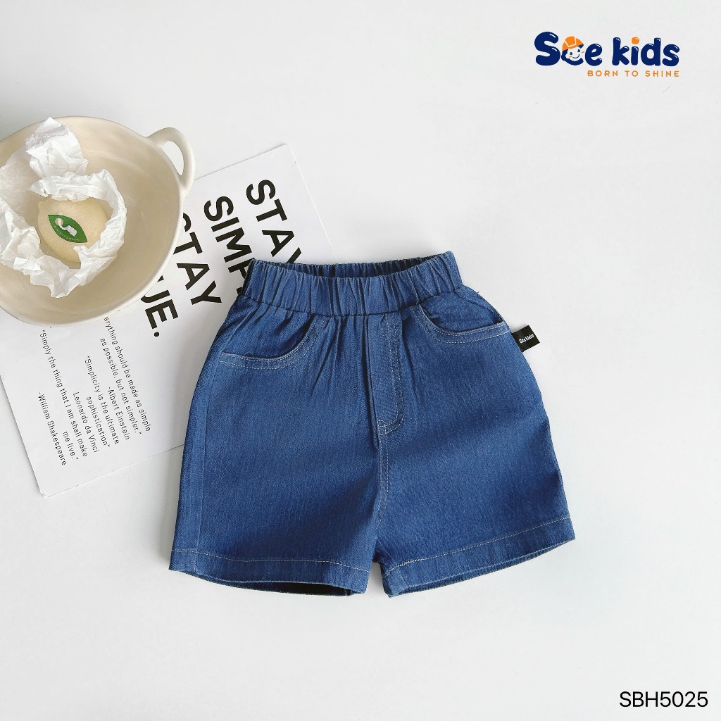 Set sơ mi jean mềm SCE thiết kế sơ mi phối túi kèm quần short cho bé trai 9-28kg