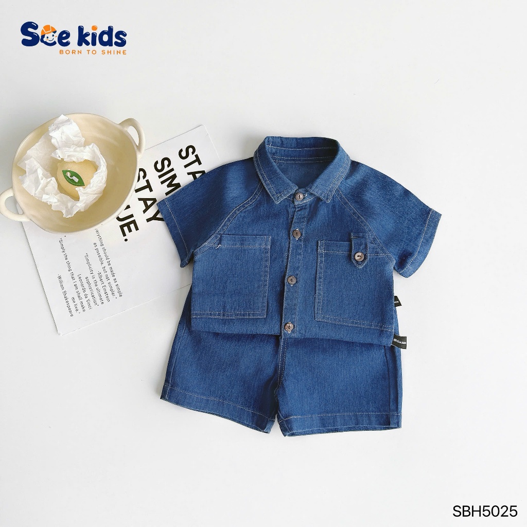 Set sơ mi jean mềm SCE thiết kế sơ mi phối túi kèm quần short cho bé trai 9-28kg