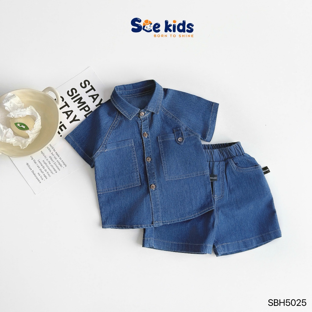Set sơ mi jean mềm SCE thiết kế sơ mi phối túi kèm quần short cho bé trai 9-28kg