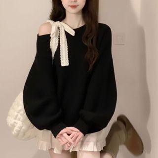 Áo nỉ nữ lệch vai cột nơ bản to ren mềm dáng rộng màu đỏ đen trắng xám VANISA CT493