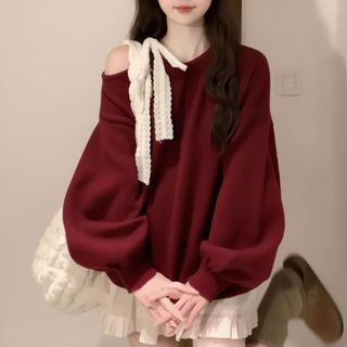 Áo nỉ nữ lệch vai cột nơ bản to ren mềm dáng rộng màu đỏ đen trắng xám VANISA CT493