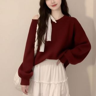 Áo nỉ nữ lệch vai cột nơ bản to ren mềm dáng rộng màu đỏ đen trắng xám VANISA CT493