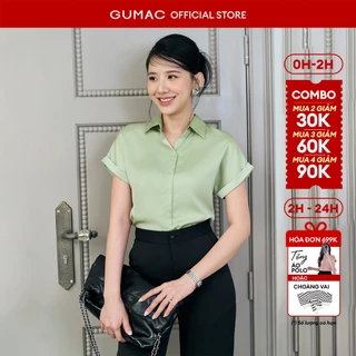 Áo sơ mi nữ GUMAC tay liền lật lai hồng đen trắng lụa mềm mát công sở  AE04036