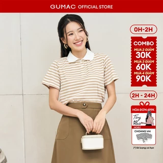 Áo thun polo nữ GUMAC sọc ngang thun gân mềm nhiều màu be nâu đen xám  LPLF1103