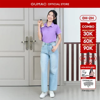 Quần jeans suông nữ Gmorning - GUMAC dài 95cm denim thêu Gmor xanh nhạt tôn dáng  YQJE10080