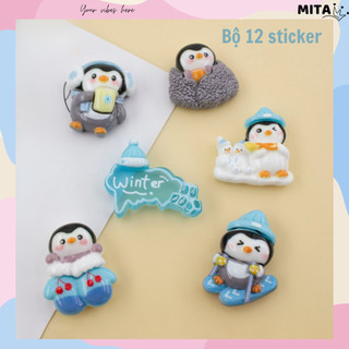 Bộ 12 Sticker, Charm 3D chủ đề Cánh cụt trượt băng nhựa cứng gắn Dép Sục, Cá sấu JB-411 Mita