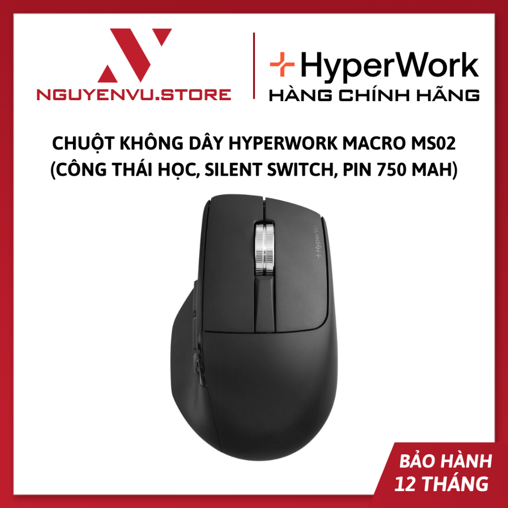 Chuột không dây HyperWork macro MS02, Công thái học, Silent switch, Pin 750 mAh - Hàng chính hãng | BigBuy360 - bigbuy360.vn