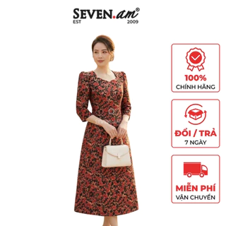 Đầm A gấm hoạ tiết hoa phối đai thời trang nữ Seven.AM H632086I