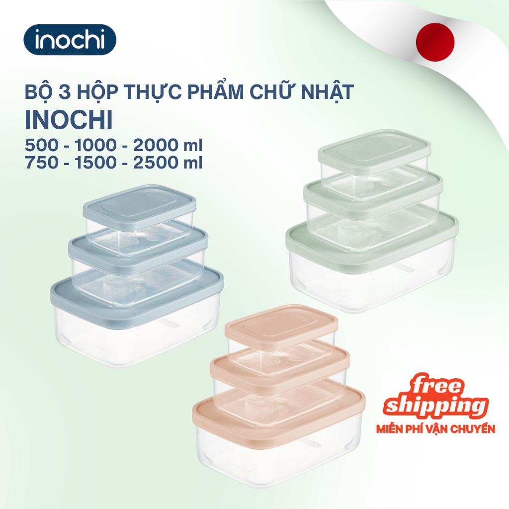 Bộ 3 hộp thực phẩm chữ nhật Inochi - Hokkaido dung tích 500/1000/2000ml - an toàn, tiện lợi