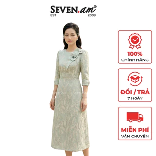 Đầm xòe xanh gấm vân chìm đính hoa 3D nổi thời trang nữ Seven.AM H632102K