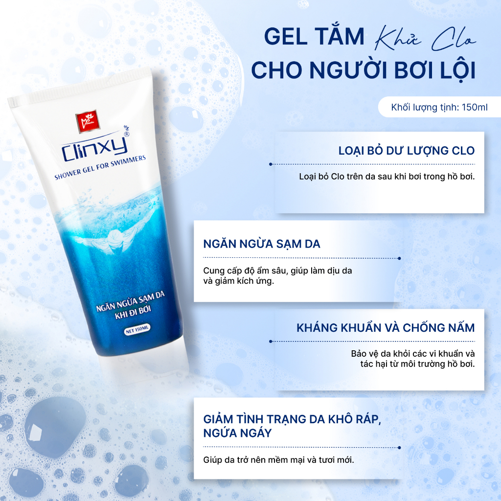 [TẶNG 1 BODY LOTION 275K] Combo 2 Sữa Tắm Khử Clo Clinxy Dành Cho Người Đi Bơi, Gel Tắm Làm Sạch Da Sau Bơi 150mlx2