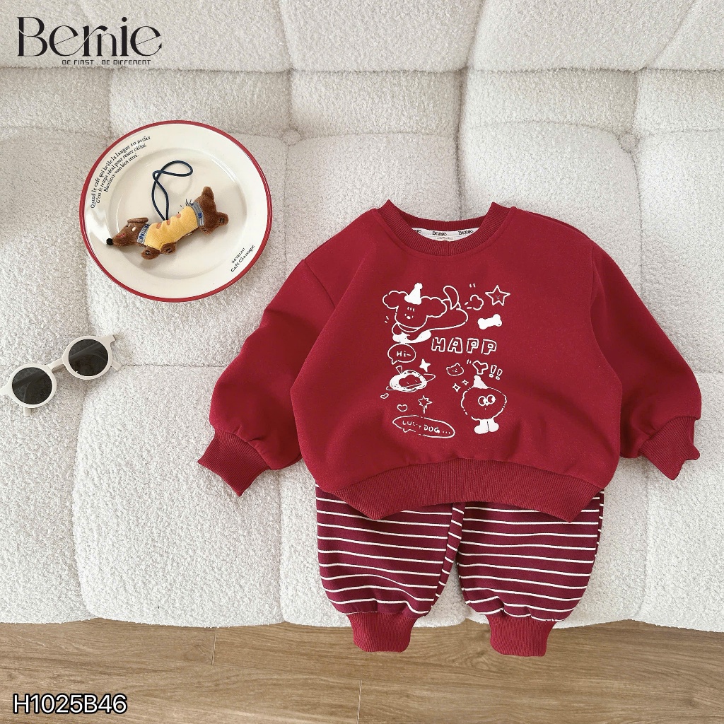 Bộ nỉ quần kẻ lucky dog cho bé, set bộ nỉ 2 da dày dặn fom dáng đẹp chính hãng bernie