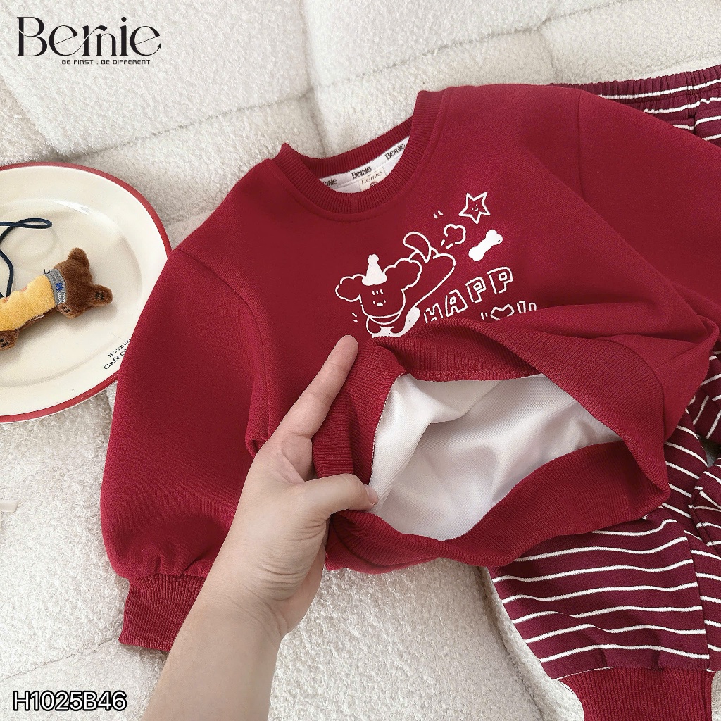 Bộ nỉ quần kẻ lucky dog cho bé, set bộ nỉ 2 da dày dặn fom dáng đẹp chính hãng bernie