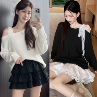 Áo nỉ nữ lệch vai cột nơ bản to ren mềm dáng rộng màu đỏ đen trắng xám VANISA CT493