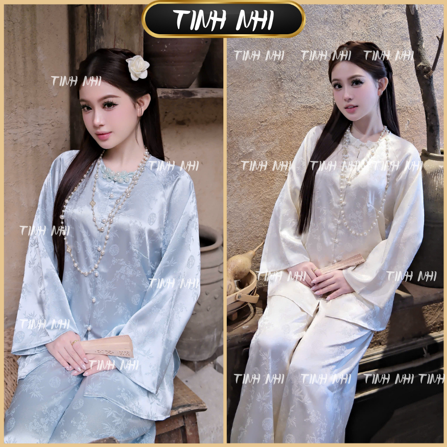 TINH NHI PP377 pháp phục nữ dáng bà ba suông chất lụa gấm vân trúc phối khuy nơ sang trọng tiểu thư thanh lịch