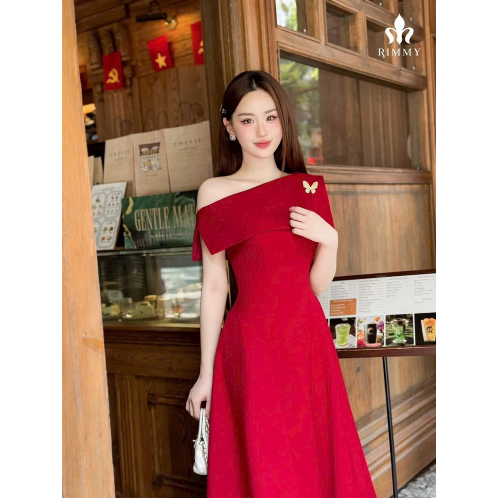Đầm đỏ dự tiệc from dài lệch vai kèm tag xinh tôn dáng sang trọng - pusu house