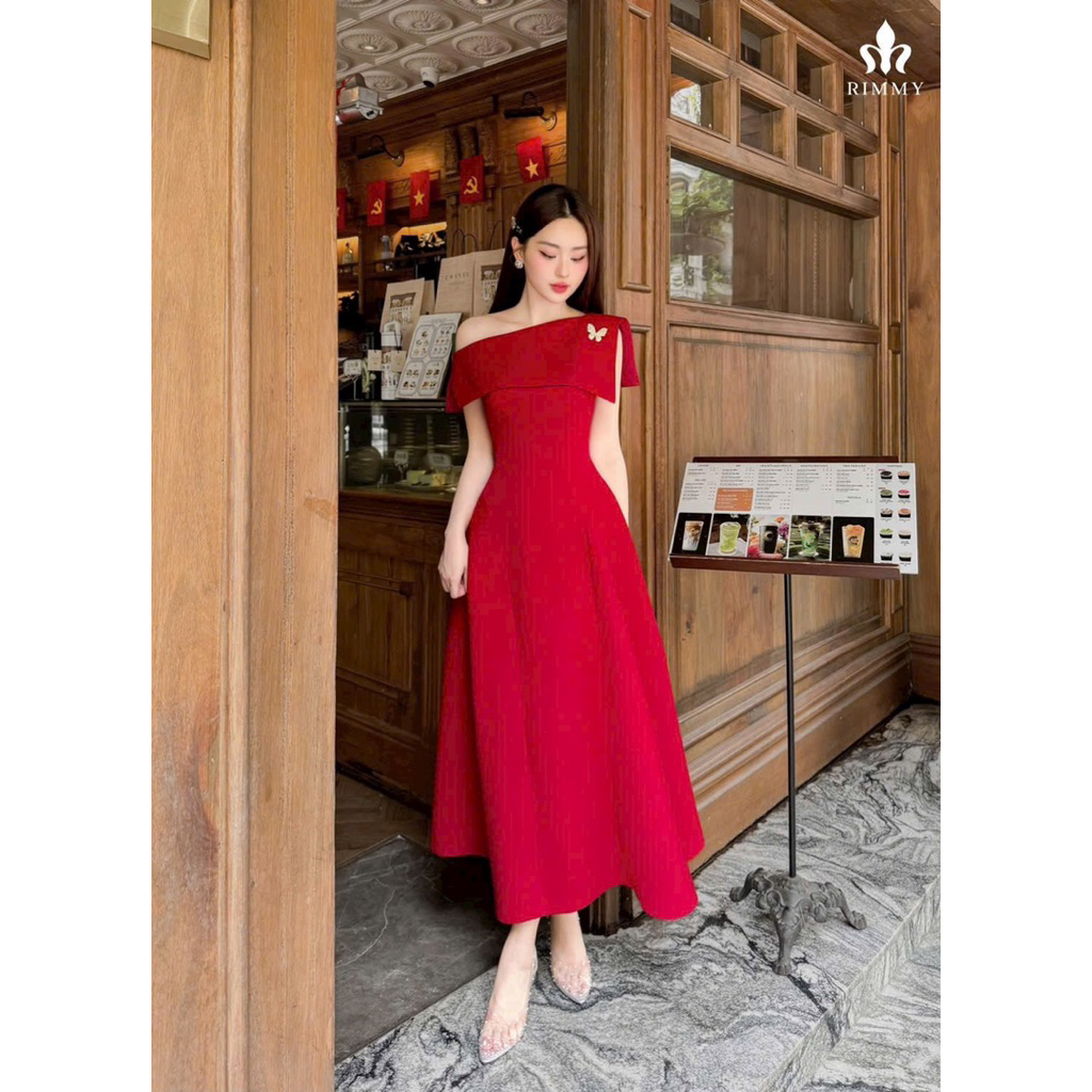 Đầm đỏ dự tiệc from dài lệch vai kèm tag xinh tôn dáng sang trọng - pusu house
