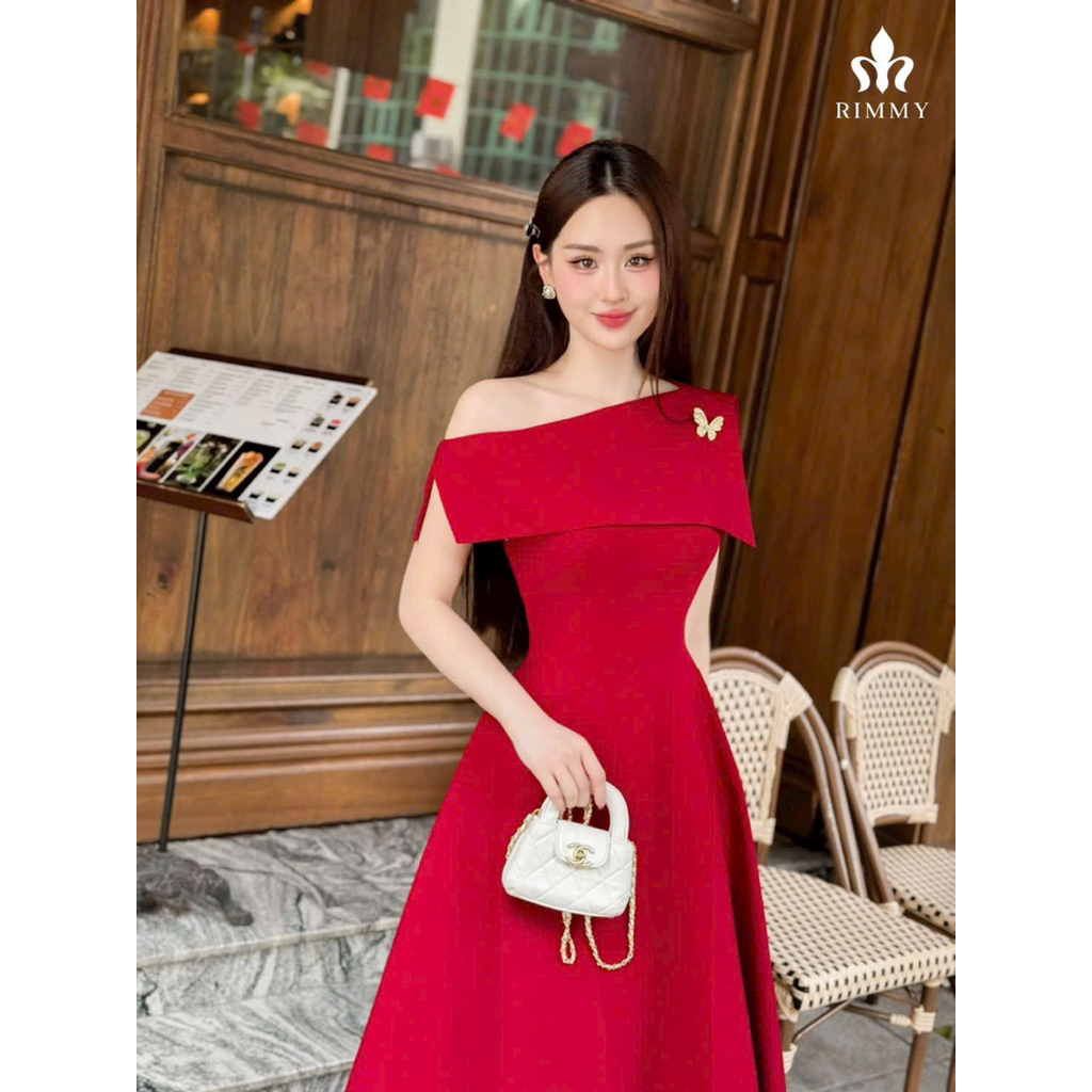 Đầm đỏ dự tiệc from dài lệch vai kèm tag xinh tôn dáng sang trọng - pusu house