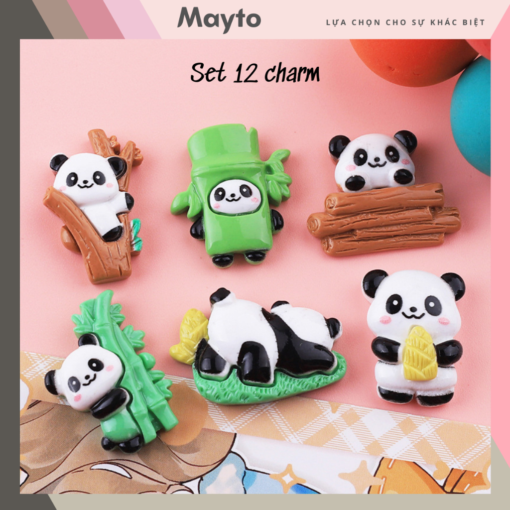 Bộ 12 Sticker, Charm 3D chủ đề Gấu trúc nhựa cứng gắn Dép Sục, Cá sấu ...