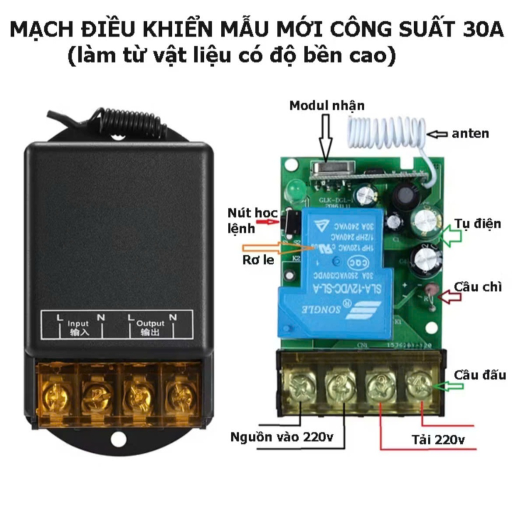 Bộ công tắc điều khiển từ xa 100m/30A/220V remote sóng RF 433MHz dùng cho máy bơm,đèn ,quạt