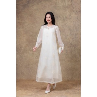 SWANLAKE | Váy Đầm Nữ Suông Maxi Vải Tơ Lót Lụa Thêu Hoa Cao Cấp Tay Dài Cổ Chữ V Đi Tiệc D13285