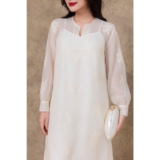 SWANLAKE | Váy Đầm Nữ Suông Maxi Vải Tơ Lót Lụa Thêu Hoa Cao Cấp Tay Dài Cổ Chữ V Đi Tiệc D13285