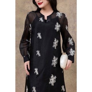 SWANLAKE | Váy Đầm Nữ Suông Maxi Vải Tơ Lót Lụa Thêu Hoa Cao Cấp Tay Dài Cổ Chữ V Đi Tiệc D13285