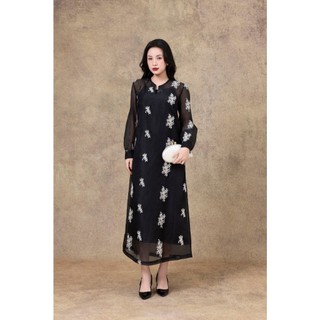 SWANLAKE | Váy Đầm Nữ Suông Maxi Vải Tơ Lót Lụa Thêu Hoa Cao Cấp Tay Dài Cổ Chữ V Đi Tiệc D13285
