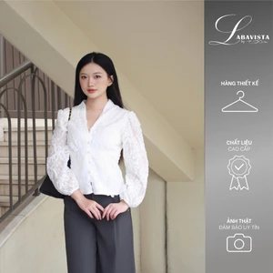 LABAVISTA Áo sơ mi nữ cổ V vải ren trắng thêu hoa nổi phong cách thanh lịch trang nhã