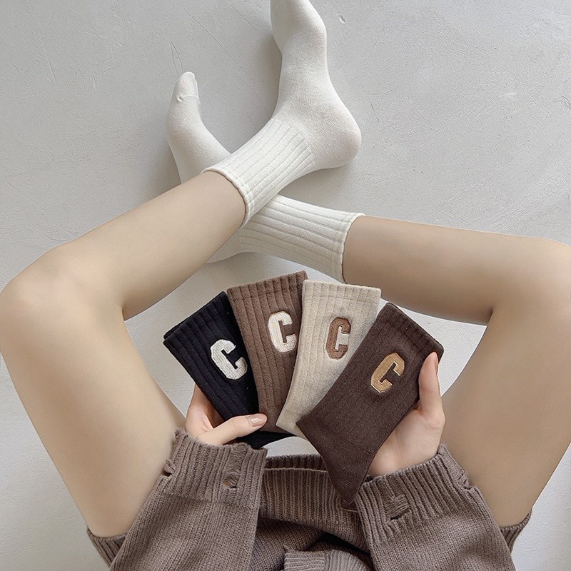 Set 10 Đôi Tất Cao Cổ Tông Nâu Họa Tiết Chữ C Siêu Hot Phong Cách Hàn Quốc