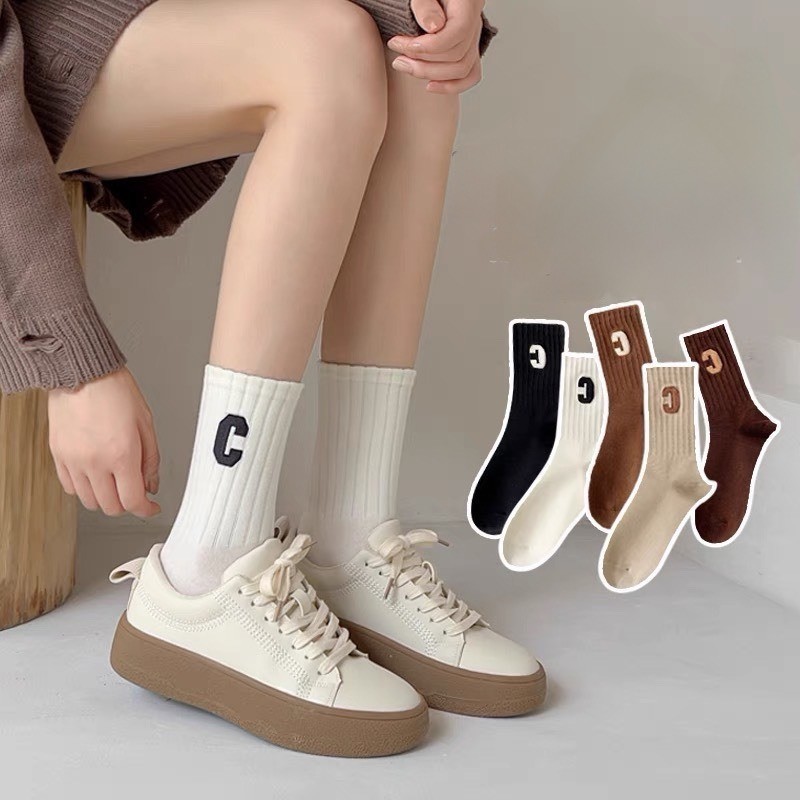 Set 10 Đôi Tất Cao Cổ Tông Nâu Họa Tiết Chữ C Siêu Hot Phong Cách Hàn Quốc